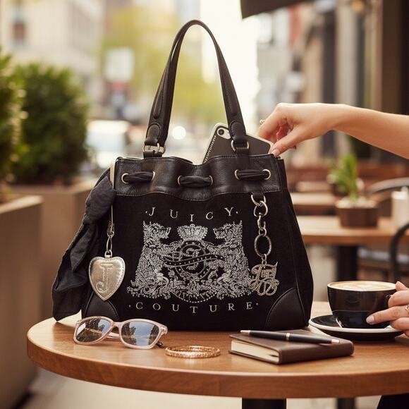Juicy Couture Black Velour Scottie Dog Rhinestone Daydreamer Tote Y2K with Bow - Picture 2 of 13
